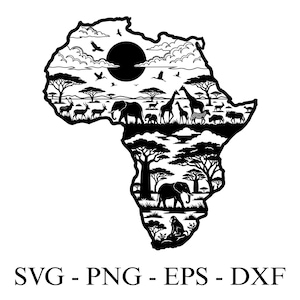Könnte beinhalten: Schwarz-weiße Silhouette des afrikanischen Kontinents, gefüllt mit Wildtieren und Bäumen. Das Bild zeigt Elefanten, Giraffen, Zebras und andere Tiere. Der Text unten lautet "SVG - PNG - EPS - DXF".