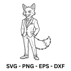 Könnte beinhalten: Schwarz-Weiß-Illustration eines Fuchses in Anzug, Krawatte und Schuhen. Der Fuchs hat die Hände in den Taschen und einen verschmitzten Gesichtsausdruck. Der Text lautet: SVG - PNG - EPS - DXF.