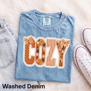 Comfort Colors® Cozy Fall Patchwork T-Shirt, Coquette Autumn Bow Shirt, Cozy Season Shirt, Floral Lace Letters Shirt, Vintage Fall Shirt