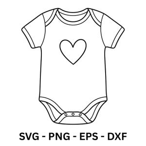 Könnte beinhalten: Ein weißer Baby-Body mit kurzen Ärmeln und einem Herz-Motiv in der Mitte. Der Body hat einen runden Halsausschnitt und Druckknöpfe am unteren Ende. Der Text "SVG - PNG - EPS - DXF" ist darunter gedruckt.