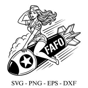 Könnte beinhalten: Schwarz-Weiß-Illustration einer Frau in Militäruniform auf einer Bombe. Die Bombe trägt den Text "FAFO". Die Frau salutiert und trägt einen Hut mit einem Stern.