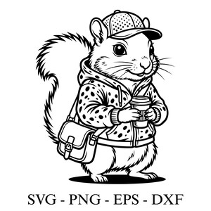Könnte beinhalten: Schwarz-Weiß-Illustration eines Eichhörnchens mit Baseballkappe, Kapuzenjacke mit Tupfen und einer Umhängetasche. Das Eichhörnchen hält eine Kaffeetasse. Der Text "SVG - PNG - EPS - DXXF" steht unten.