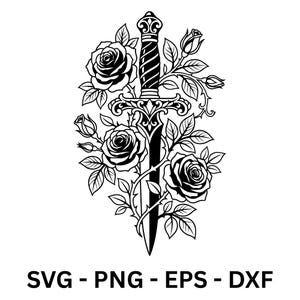 Può includere: Illustrazione in bianco e nero di un pugnale intrecciato con rose e foglie. Il pugnale ha un'elsa e una lama dettagliate. L'immagine include il testo "SVG - PNG - EPS - DXF".