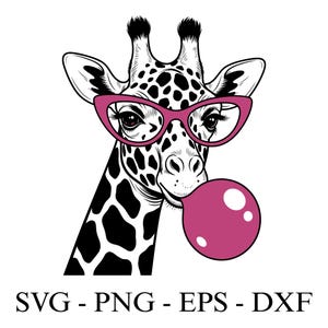 Könnte beinhalten: Schwarz-weiße Giraffenillustration mit rosa Brille und einer rosa Blase. Das Bild enthält den Text "SVG - PNG - EPS - DXF".