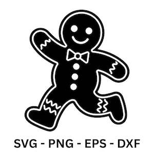 May include: Black and white illustration of a gingerbread man with a bow tie, buttons, and zig-zag details on the arms and legs. The gingerbread man is smiling and appears to be running. The text "SVG - PNG - EPS - DXF" is below the image.