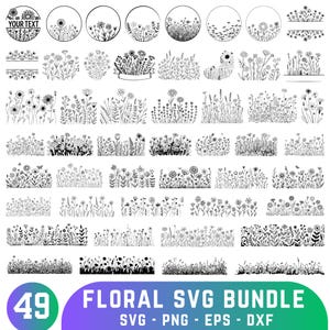 Wildflower SVG Bundle, Botanical Sketch, FlowerDigital Wildflower Svg Bundle, Floral Border SVG, , Flower Monogram Cut Files,