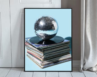 Impresión artística de vinilo con bola de discoteca / Arte mural retro para amantes de la música / Decoración funky de los 70 / Descarga digital / Impresión de galería estética