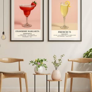 Zestaw ściennych dekoracji z przepisami na koktajle - French 75 Strawberry Margarita | Dekoracja wózka barowego | Plakat do wydrukowania z drinkiem | Pobieranie cyfrowe