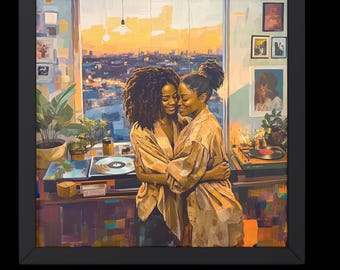 May include: A framed art print depicts two women embracing, set against a warm sunset cityscape. The artwork features a record player, plants, and framed photos, creating a cozy, intimate scene. The color palette includes warm oranges, browns, and blues.