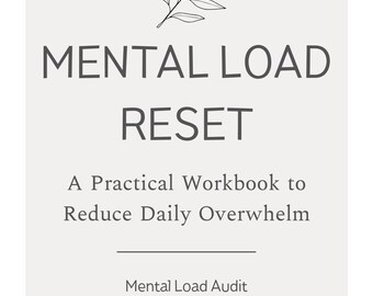 May include: A light beige workbook cover with the title "MENTAL LOAD RESET" in dark gray. The text below reads "A Practical Workbook to Reduce Daily Overwhelm." Additional text includes "Mental Load Audit, 12 Practical Shifts, Weekly Reset."