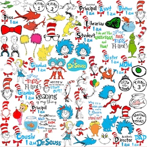 600+ Dateien Dr. Seuss SVG-Bundle, Dr. Seuss Zitate Katze im Hut, Clip Art, Cricut, digitale Vektordatei, Katze und Hut