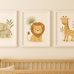 Safari Kinderzimmer Wand Kunst Set | Dschungeltiere | Elefant, Löwe, Giraffe Drucke | Neutrale Erdtöne | Set mit 3 Digitalen Downloads
