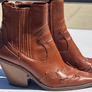 May include: A pair of brown leather ankle boots with a pointed toe and a stacked wooden heel. The boots have decorative stitching and a pull-on design. The heel height is approximately 3 inches.