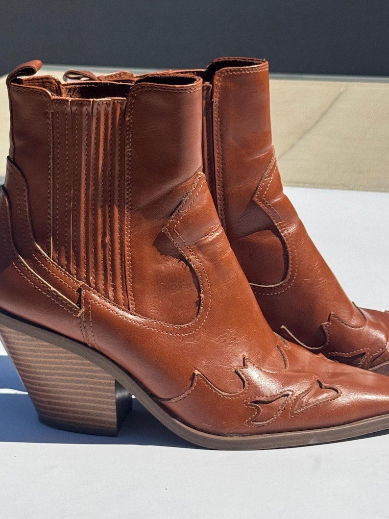 May include: A pair of brown leather ankle boots with a pointed toe and a stacked wooden heel. The boots have decorative stitching and a pull-on design. The heel height is approximately 3 inches.