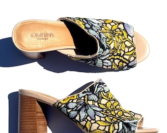38 vintage embroidered heeled mules blue black and yellow