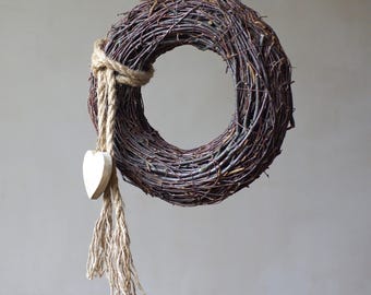 Rustic Twig Wreath: Handmade Birch Decor with Jute Rope & Wooden Heart