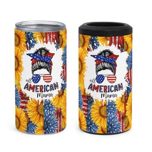 All American Mama Tumbler  Patriotic Sunflower 4-in-1 Can Cooler | 20oz Sublimation Tumbler for 4th of July, Summer, Mama Gift