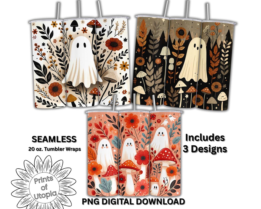 Cozy Cute Fall Ghost Tumbler Wrap Bundle Set, 3 Seamless 20oz PNG Wraps ...
