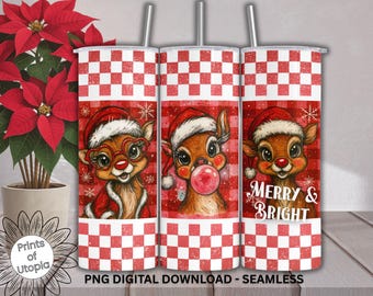 Reindeer Merry and Bright Checkered 20oz Skinny Tumbler Wrap PNG, Vintage Retro Christmas, Festive Deer  Blowing Pink Bubble, Holiday Quote