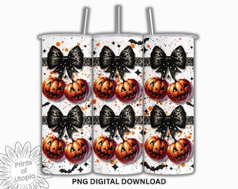 Halloween Jack-O’-Lantern Black Coquette Lace Bows Tumbler Wrap PNG, 20oz Seamless Sublimation, Cute Spooky Pumpkin Wrap, Digital Download