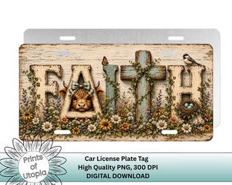 Faith Highland Cow License Plate PNG, Rustic Christian Car Tag, Floral Farmhouse Wooden Cross Design, Country Wood Sign, Digital Download