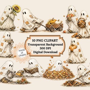 May include: A collection of 10 digital ghost illustrations featuring white sheet-covered figures with brown patches, interacting with autumn elements like sunflowers, pumpkins, baskets, books, and fallen leaves, with text reading 10 PNG CLIPART.