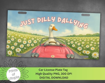 Goose Just Dilly Dallying License Plate Wrap, Cute Car Accessory, Daisy Field Design, Funny Farm Barn Yard Animal Tag, Country Road Driving