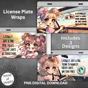 Nummerplaatbundel letterlijk gewoon een meisje, grappige kawaii-autotag-png's, anime-chibi-meisje rijdende sublimatie, set van 3 schattige nummerplaatborden