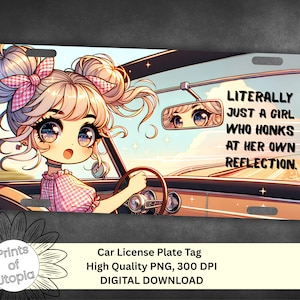 文字通り女の子のナンバープレートの車タグ、かわいいちびガールのPNGダウンロード、面白い引用句の昇華、コケットな漫画の車アクセサリー