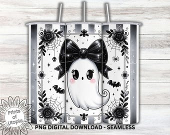Cute Kawaii Ghost Tumbler Wrap PNG, Black Stripes,  Halloween 20oz Skinny Sublimation, Coquette Ghost with Big Bow Seamless Digital Download