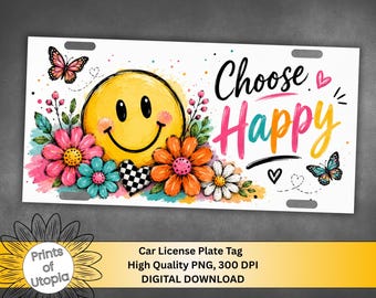 Plaque d'immatriculation florale avec émoji smiley (PNG), design ensoleillé et joyeux, fleurs colorées, téléchargement numérique « Choisissez des ondes positives et joyeuses ».