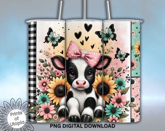 Cute Coquette Cow Tumbler Wrap PNG – Sunflower Butterfly Cow Sublimation Design, 20oz Skinny Tumbler Wrap, Gingham Cowgirl Digital Download