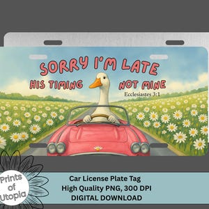 以下が含まれることがあります： 白いガチョウが赤いオープンカーを運転し、白いデイジーの花畑の中の道を走る様子が描かれた長方形の金属製ナンバープレート。プレートには「SORRY I'M LATE HIS TIMING NOT MINE Ecclesiastes 3:1」という赤い文字が記されています。