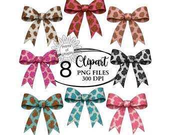 Glitter Cow Print Bow Clipart PNG Bundle, 8 Western Cowgirl Bows Set, Sparkly Cowhide Coquette, Boho Ranch, Shimmer Glam Boutique Designs