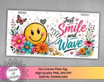 Just Smile and Wave License Plate PNG, Happy Smiley Face Car Tag Design, Retro Floral, Cute Positive Quote, Boho Checkered Digital Download