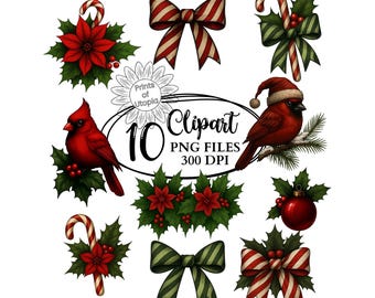 Cardinal Christmas Clipart PNG, 10 Vibrant Watercolor Holiday, Classic Red Bird, Poinsettia Bow Holly Candy Cane, graphic Clip Art Bundle