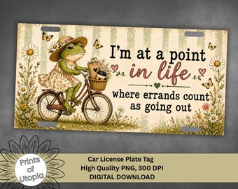 Whimsical Frog License Plate Wrap PNG, Funny Errands Count as Going Out Car Tag, Cottagecore Bicycle Frog Design, Vintage Digital Download