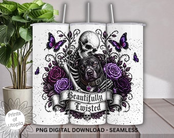 Beautifully Twisted Pitbull Tumbler Wrap PNG, Gothic Dog 20oz Skinny Sublimation, Seamless Skeleton and Gothic Purple Roses Digital Download