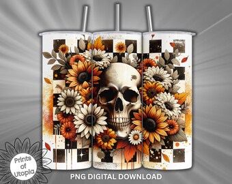 Skull and Sunflowers Tumbler Wrap PNG 20oz Fall Floral Sublimation Design, Autumn Gingham Checkered Halloween, Grunge Goth Coffee Cup Wrap