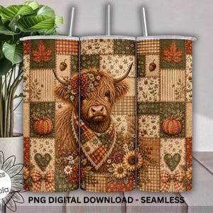 May include: A cylindrical tumbler featuring a seamless patchwork pattern of autumn-themed squares in shades of brown, orange, and green. The design includes a Highland cow with a floral crown and plaid scarf, pumpkins, acorns, and leaves.
