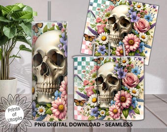 Pastel Skull Floral PNG Tumbler Wrap, Gothic Garden Checkered, Sublimation, Vintage Butterflies & Flowers, Seamless 20oz Digital Download