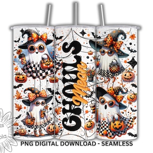 Glam Ghouls Halloween Tumbler Wrap PNG, 20-uncjowy chudy kubek sublimacyjny, urocze straszne duchy, dziewczęca kawa halloweenowa, rozprysk PNG do pobrania