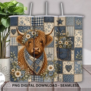 May include: A cylindrical tumbler featuring a brown Highland cow wearing a blue bandana and a floral crown. The background is a blue and cream patchwork quilt pattern with denim textures, stars, hearts, and daisies. It includes a clear lid and straw.