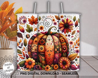 Quilt Patchwork Pumpkin Tumbler Wrap, Fall Floral Pumpkin PNG, Autumn 20oz Straight Tumbler Sublimation, Whimsical Thanksgiving Wrap Design