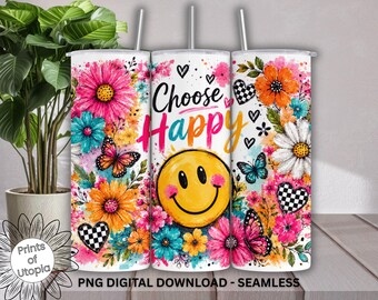 Choisissez l'autocollant pour gobelet Happy Emoji au format PNG, motif floral smiley, gobelet fin de 59 cl (20 oz), impression par sublimation, couleurs vives et sans couture, téléchargement numérique, message positif
