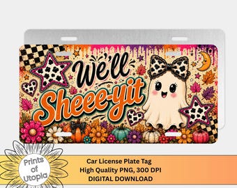 Cute Halloween Ghost License Plate Wrap PNG, Funny Well Sheee-Yit, Retro Car Tag, Spooky Digital Download, Cow Print Bow, Autumn Fall Design
