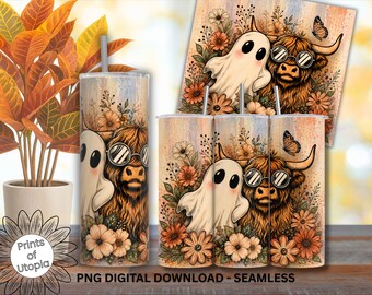Ghost Highland Cow Tumbler Wrap PNG, Fall Floral 20oz Skinny Sublimation, Autumn Seamless Digital Download, Cow with Retro Hippie Glasses.