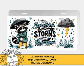 Motivierende Waschbär-Nummernschild-Verpackung PNG, Storm Survivor Car Tag Design, ich habe zu viele Stürme überlebt, Resilienz digitaler Download