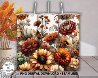 Warm Fall Floral Tumbler Wrap PNG, 20oz. Layered Sunflower Dahlia Sublimation Design, Autumn Flowers, Vintage Botanical Boho Garden Fall Art