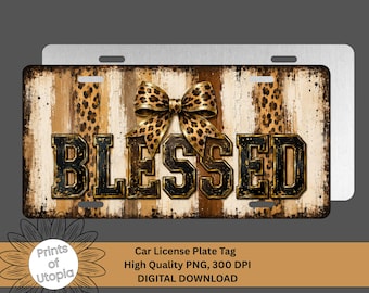 Blessed Leopard Print Bow License Plate Wrap PNG,  Car Tag Design, Rustic Western Boho, Digital Download, Religious Christian Faith Quote